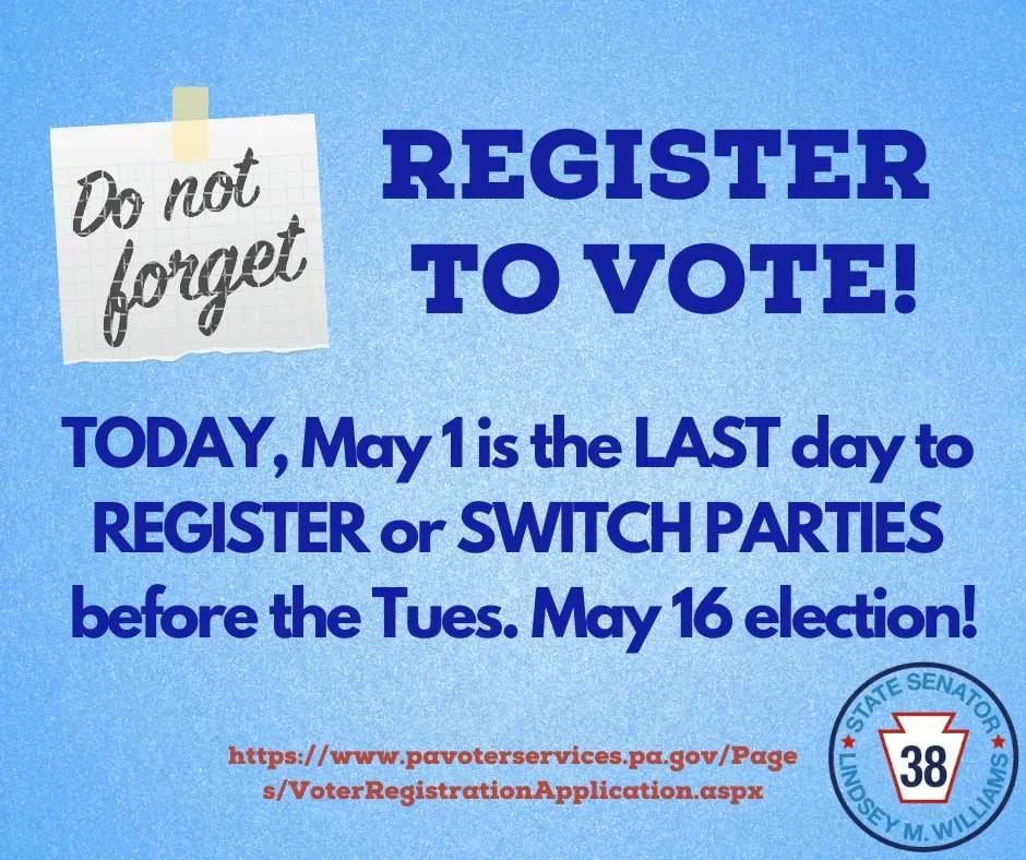 📣 Today, May 1 is the LAST day to register to vote OR switch parties for the Primary Election on Tuesday, May 16. Complete registration online by 5pm today! ⌛️⏰🕰️ 
buff.ly/2o3kiNu
