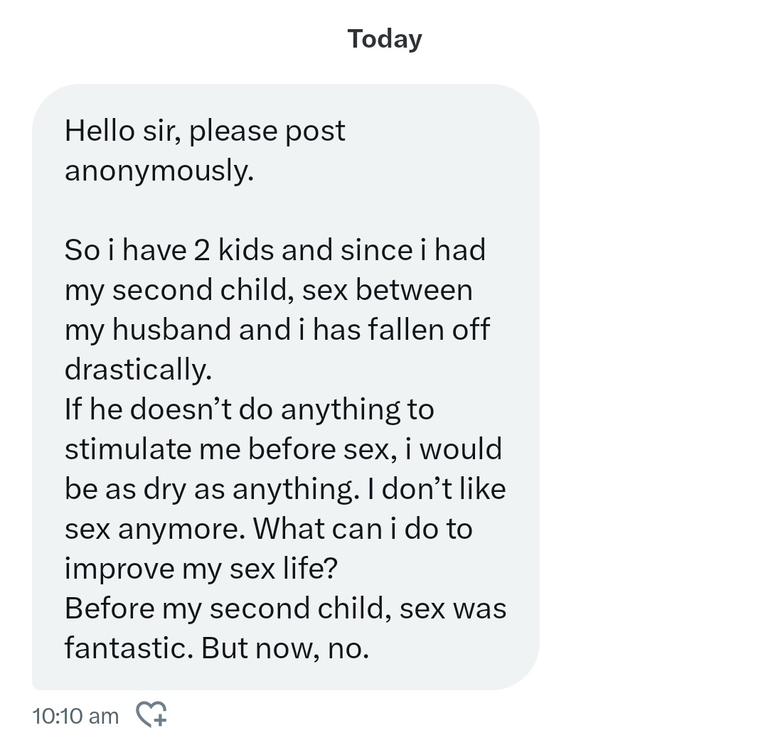 Wizarab10's tweet photo. Who can help her? She no longer enjoys sex with her man after the birth of her second child. https://t.co/NSQFsuy1V4