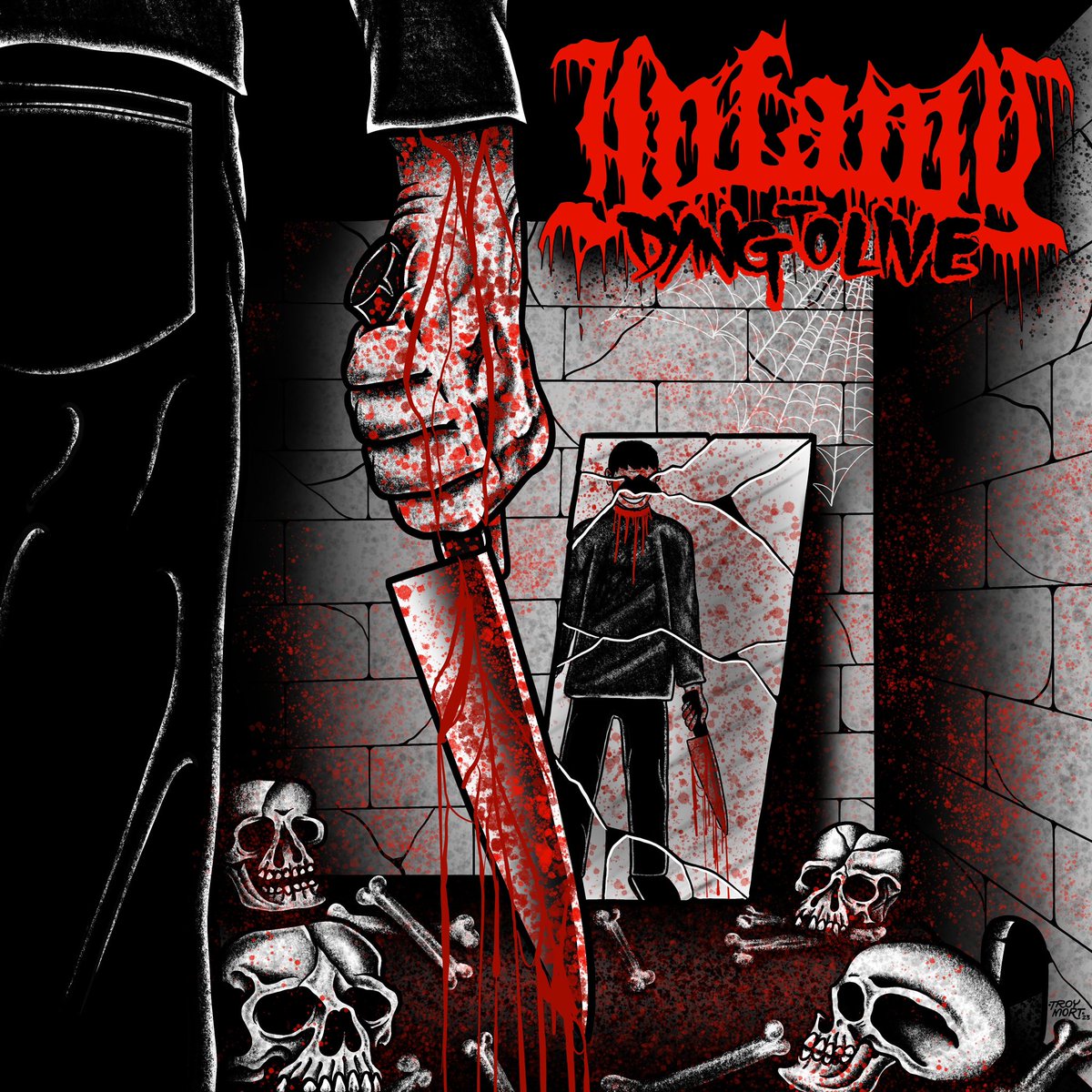 INFAMYHARDCORE's tweet photo. “Dying To Live” out NOW on all streaming services. Been a long time in the making but we’re stoked to finally show you what we’ve been sitting on. 

Run it up.

Recorded, mixed, and mastered at @19STARSNWI 
Artwork by @TroyMortTattoo https://t.co/oPiwLFZm9E