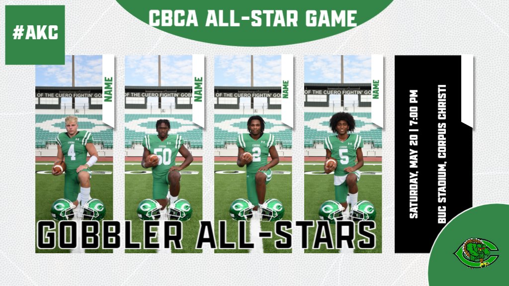 Four Gobblers will represent Cuero at the Coastal Bend Coaches Association All-Star Game.  Sean Burks, Javaree Bacon, Tycen Williams, and Dayson Varela will wear the C one final time on May 20, at 7:00 PM in Buc Stadium in Corpus Christi.