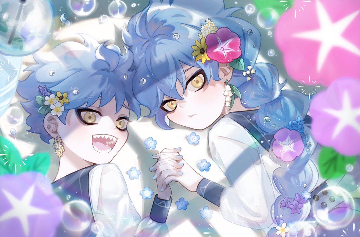 multiple boys yellow eyes 2boys flower sharp teeth blue hair hair flower  illustration images