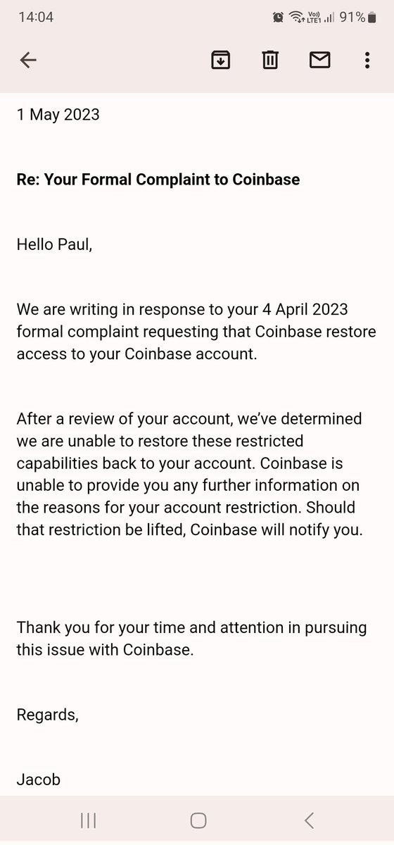 scourfip's tweet photo. @CoinbaseSupport @DeGirlDeBoy @CoinbaseSupport @coinbase 
How is the below response acceptable on a complaint as to why my account was blocked.
No access to my account and all funds no inaccessible with nobody to call or withdraw funds!!? Please advise https://t.co/dmra79I9Ae