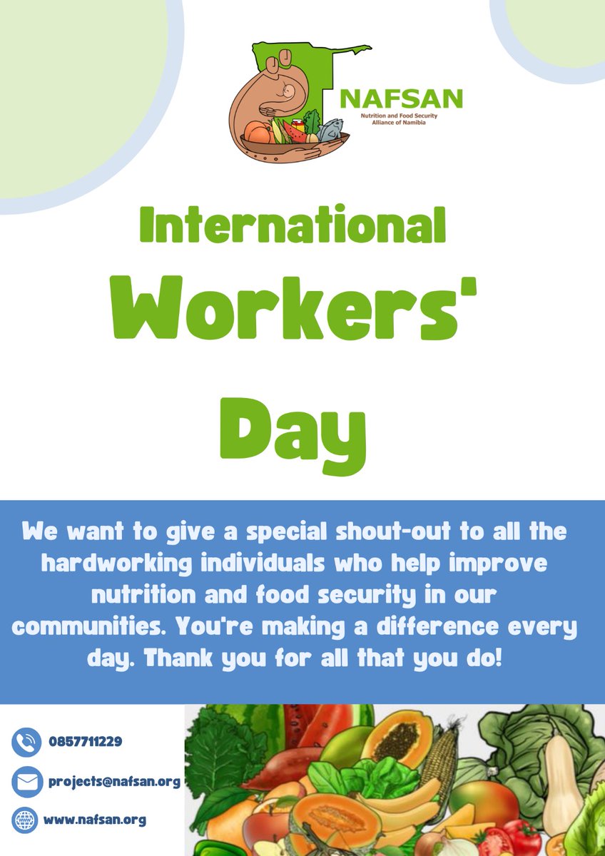 The Nutrition and Food Security Alliance wishes all a Happy Worker's Day!
 #WorkersDay #HealthyEating #Nutrition #Healthyworkforce #HealthyCommunities