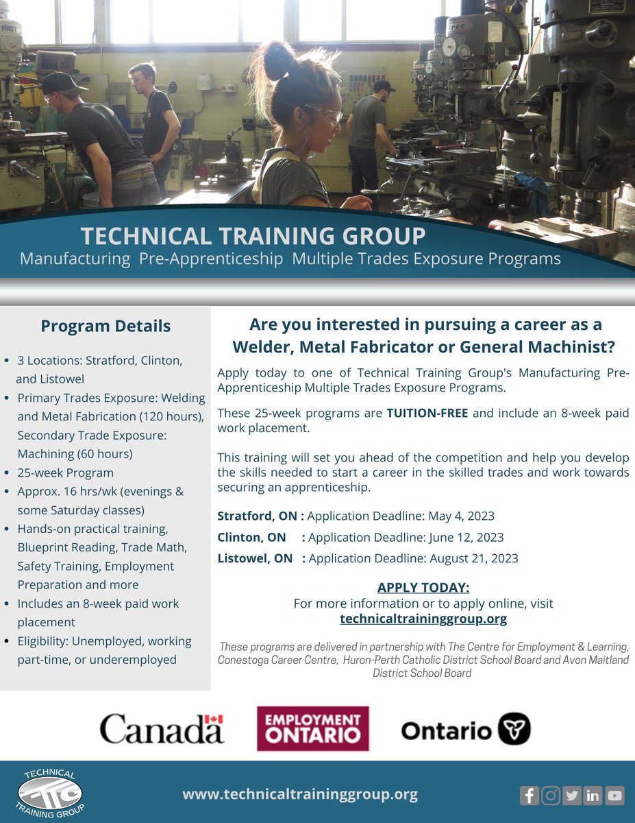 Check out careers as a Welder, Metal Fabricator or General Machinist! These 25-wk Pre-Apprenticeship Programs are TUITION-FREE with a paid work placement. APP DEADLINE FOR STRATFORD PROGRAM IS MAY 5, 2023. technicaltraininggroup.org/.../manufactur… or 519-801-8641
#skilledtrades