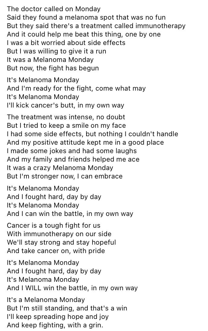 The_Stoic_Hound's tweet photo. Today is Melanoma Monday (1st Monday in May)

I asked chatgpt to send me alternate lyrics for The Bangles "Manic Monday". This is what it returned.   

Please share with others for support.

#MelanomaMonday #MelanomaAwareness

@WGRZ @news4buffalo @WKBW @cnn @RoswellPark https://t.co/mzS1Rrk81I