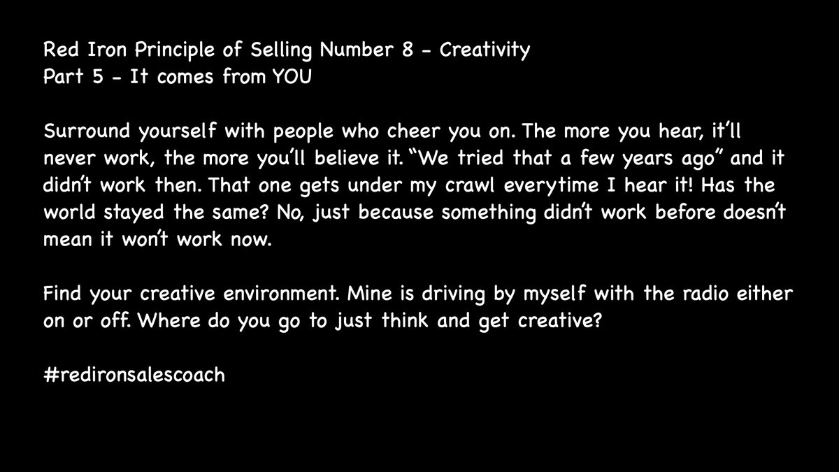 TazmanSS's tweet photo. Surround yourself with people and surroundings to generate them ideas!
#redironsalescoach #Salesmanship #creative https://t.co/3xrFYy2uSW