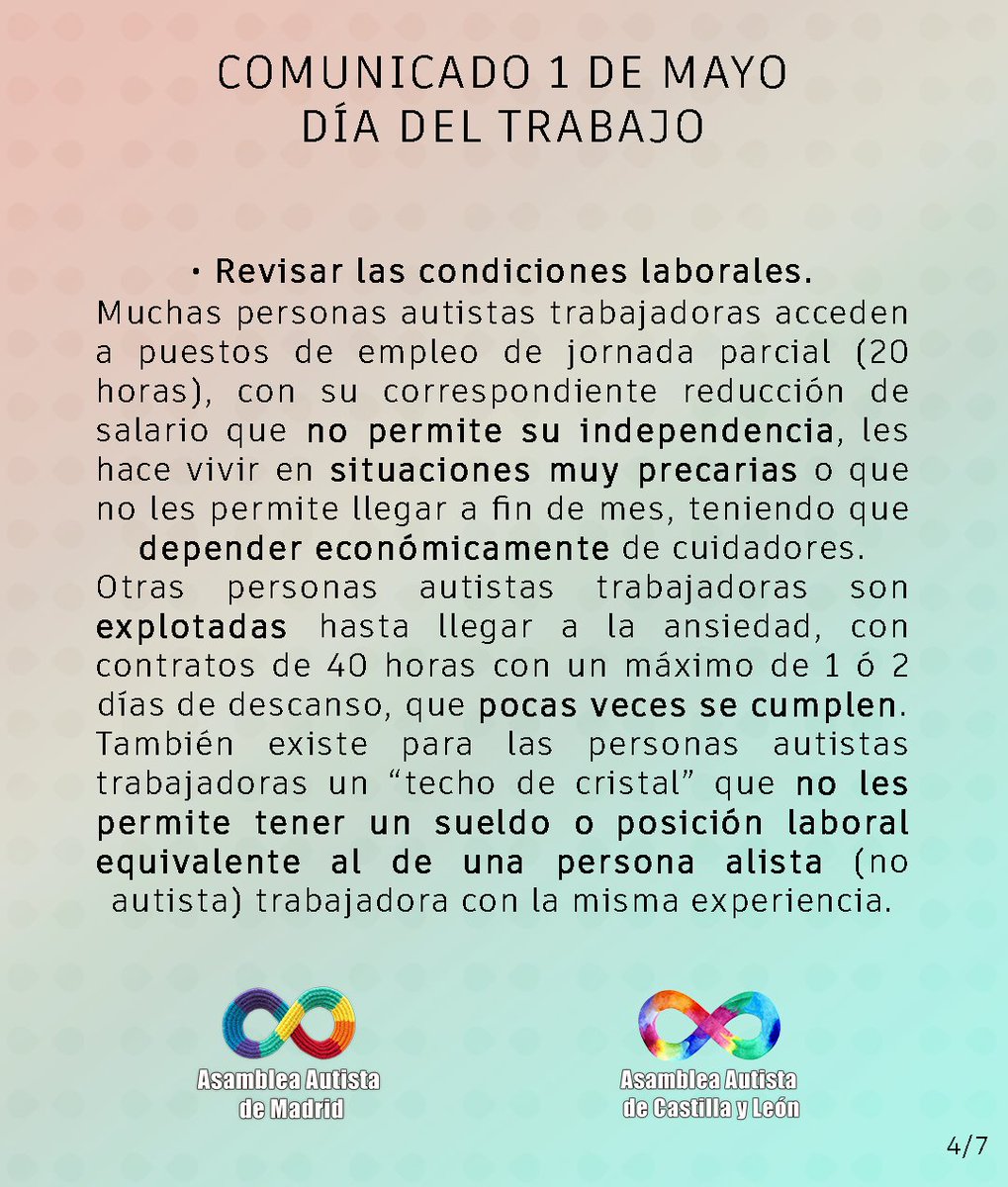 COMUNICADO DEL DÍA 1 DE MAYO, DÍA INTERNACIONAL DEL TRABAJADOR #SoyAutista parte 1