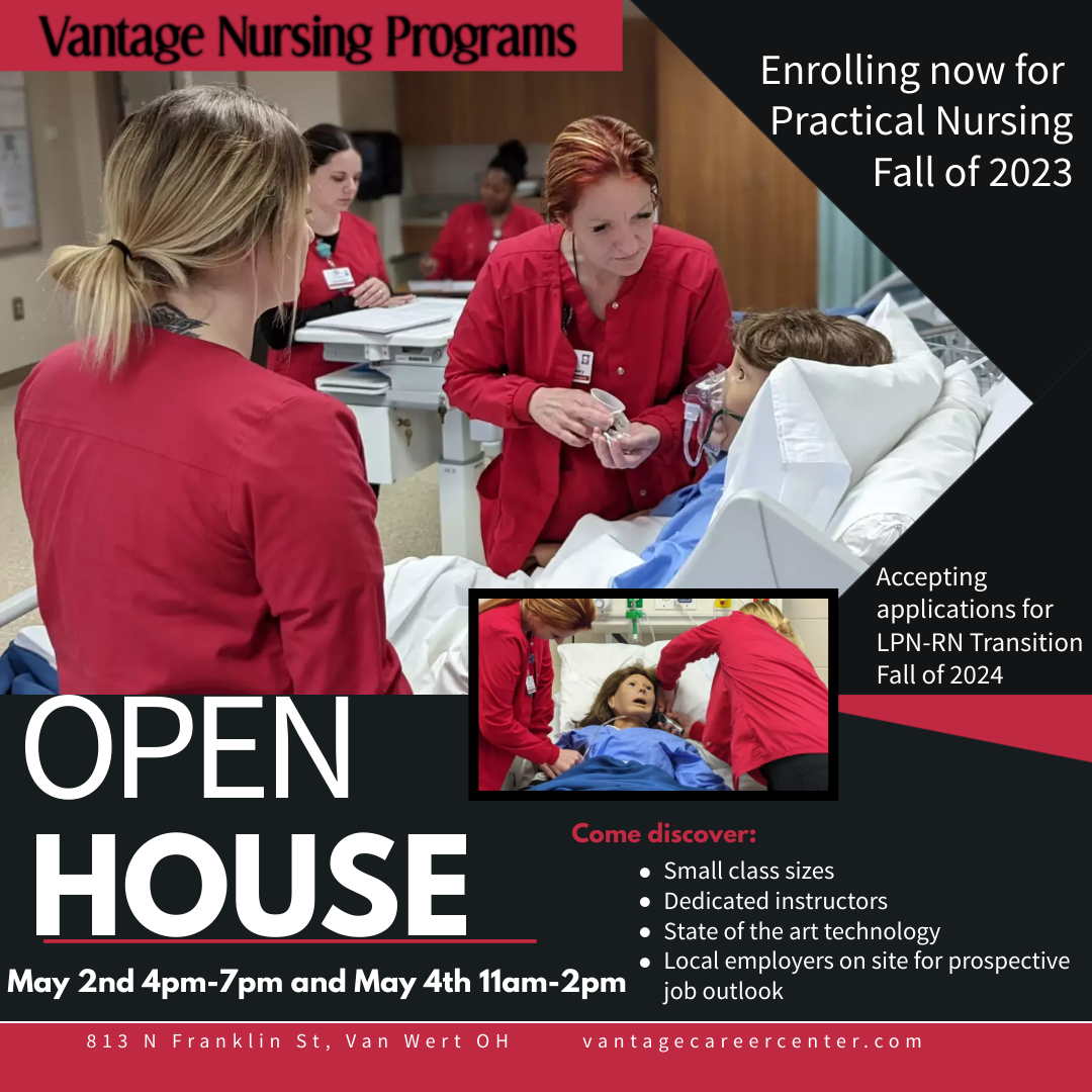 vccstudents's tweet photo. Vantage Adult Education OPEN HOUSE, May 2nd, 4pm-7pm &amp; May 4th, 11am-2pm, to see Adult Education Health Careers at 813 North Franklin Street, Van Wert, OH. Vantage offers Practical Nursing, LPN-RN Transition, STNA, &amp; Phlebotomy in health careers.  Applications Accepted! https://t.co/MO6MDPvP8y