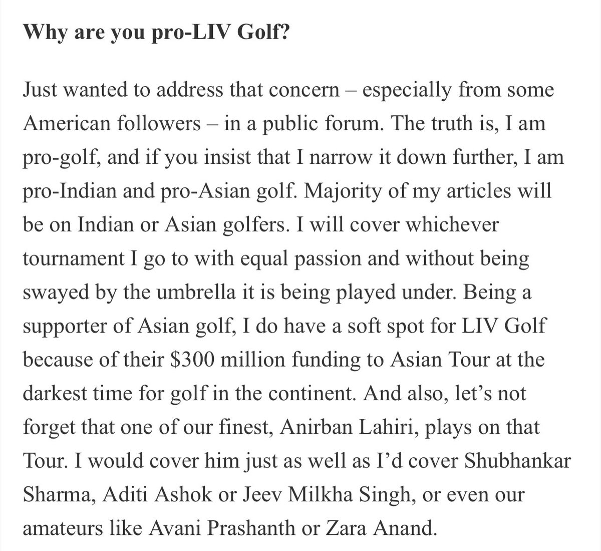Joy Chakravarty (@thejoyofgolf) on Twitter photo To all those who have been critical of my writing on Indian and Asian golfers on LIV Tour, I hope this answers the question about why I do what I do…
This is part of my newsletter today with <a href="/htTweets/">Hindustan Times</a>… To all those who have been critical of my writing on Indian and Asian golfers on LIV Tour, I hope this answers the question about why I do what I do…
This is part of my newsletter today with <a href="/htTweets/">Hindustan Times</a>…