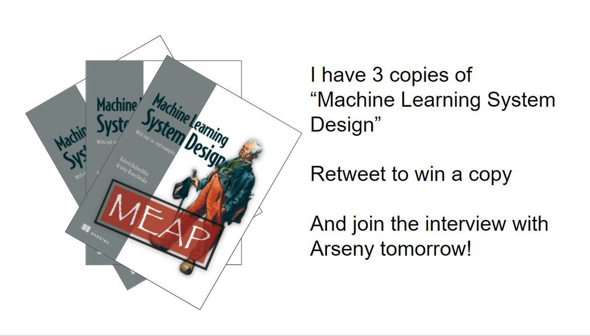 I have 3 copies of the new ML System Design book from <a href="/ManningBooks/">Manning Publications</a> 

Retweet this tweet to win a copy!

We will announce the winners during the interview with Arseny tomorrow 

Book: manning.com/books/machine-…
Interview: eventbrite.com/e/building-sca…