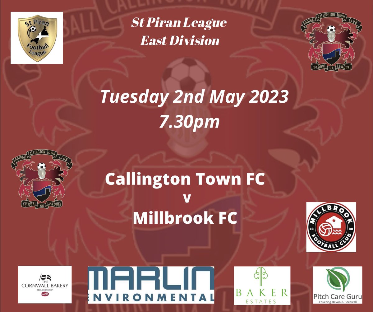 Tomorrow evening, our <a href="/CallyTownFC/">Callington Town FC</a> second team host <a href="/MillbrookAFC/">Millbrook AFC</a> reserves in the <a href="/StPiranLeague/">Kernow Stone St Piran League</a> at <a href="/therealginsters/">Ginsters</a> Marsh with a 7.30pm kick off <a href="/swsportsnews/">South West Sports News</a> <a href="/PLsportsnews/">PlymouthSportsNews</a> <a href="/sportscornwall/">Cornwall Sports Media</a> <a href="/NigelWalrond/">Nigel Walrond</a> <a href="/KJMsport57/">Kevin Marriott</a>