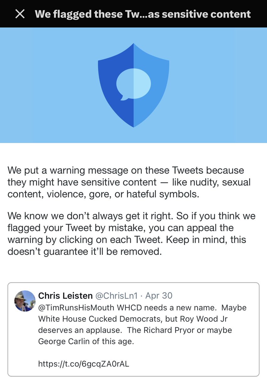ChrisLn1's tweet photo. @elonmusk 
Curious … was it the word “cucked” or the George Carlin video? https://t.co/Q2kE6gOPPv