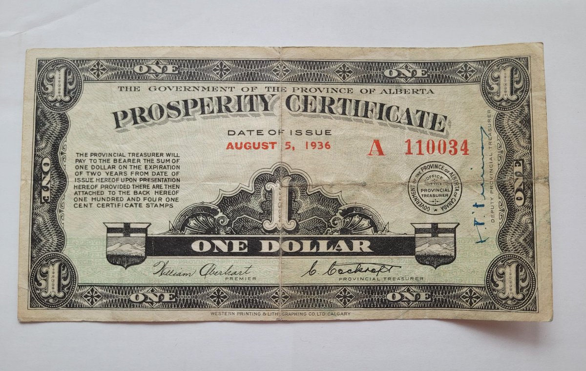 Did you know Alberta once tried to print its own money? In honour of the incipient Alberta Election #abpoli, I want to share a new score for my political memorabilia collection: a 1936 Alberta Prosperity Certificate. But why did Alberta try this? Why did it fail? Thread: