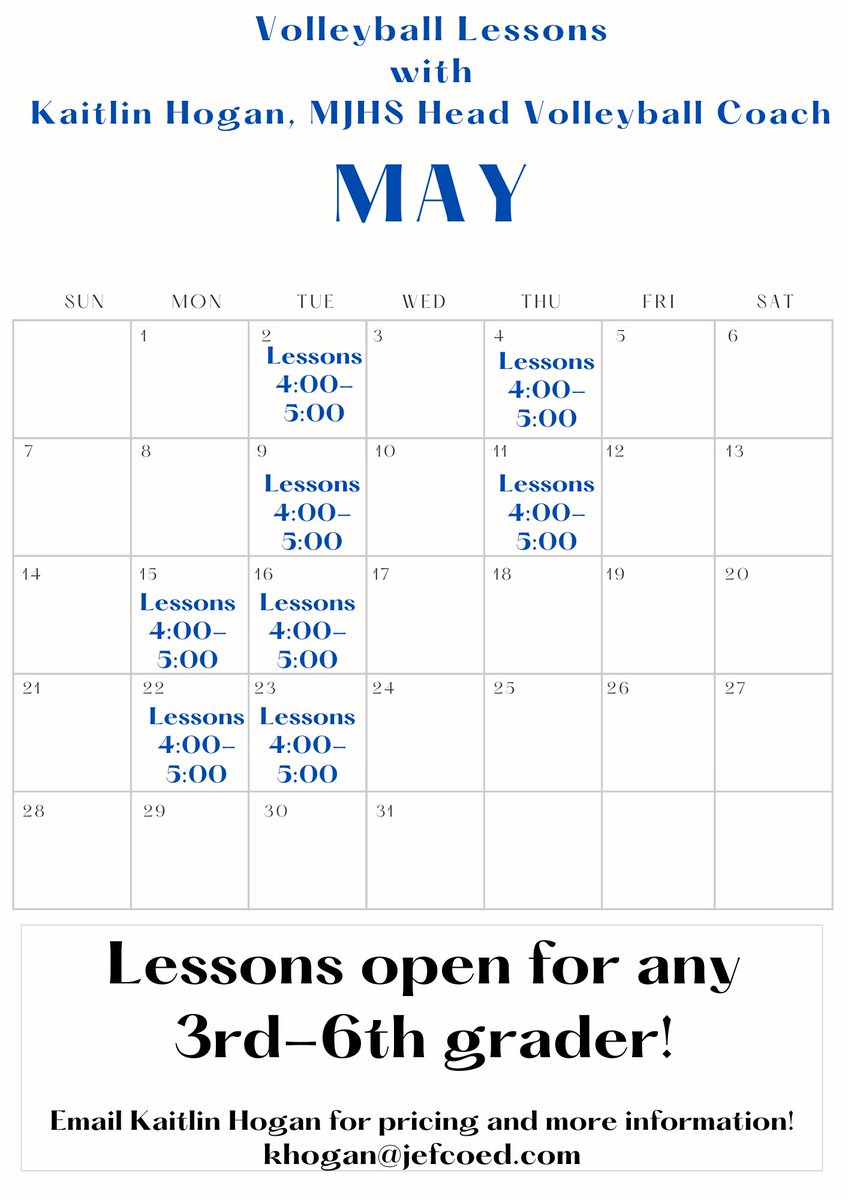 JORDANVBALL1's tweet photo. Updated Lesson Schedule for May! May 25 lessons are moved to the 22nd. Lessons start this week!! Contact Coach Hogan if interested!😊🏐 https://t.co/chfQZYL8KZ