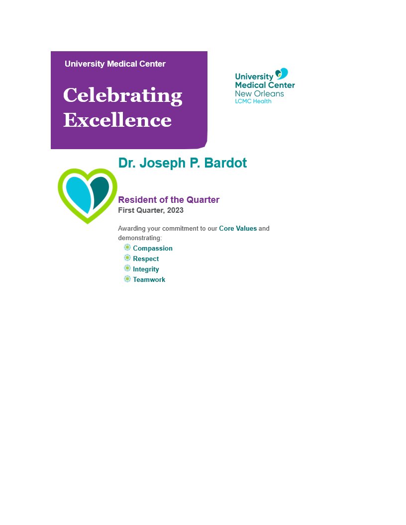 LCMC Health Academic Affairs (@lcmchealthedu) on Twitter photo Congratulations to Dr. Joseph P. Bardot on being chosen as <a href="/UMCNO/">University Medical Center New Orleans</a>'s #ServiceExcellence Resident of the Quarter! Dr. Bardot's commitment to the core values - compassion, respect, integrity, & teamwork is #Extraordinary!
#HealthcareWithHeart 💙
#AcademicsBeyondExtraordinary 📚 Congratulations to Dr. Joseph P. Bardot on being chosen as <a href="/UMCNO/">University Medical Center New Orleans</a>'s #ServiceExcellence Resident of the Quarter! Dr. Bardot's commitment to the core values - compassion, respect, integrity, & teamwork is #Extraordinary!
#HealthcareWithHeart 💙
#AcademicsBeyondExtraordinary 📚