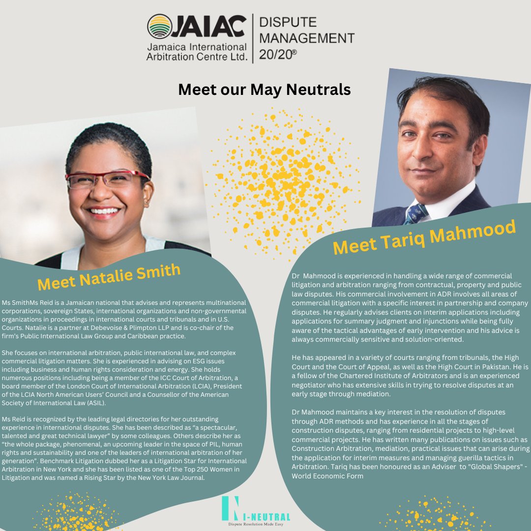 Meet our featured #JAIACMayNeutrals #NatalieSmith #TariqMahmood
Our panel of neutrals comprises of experienced Arbitrators, Mediators &amp;Adjudicators with multi-disciplinary backgrounds 
Visit our website  jaiac.org