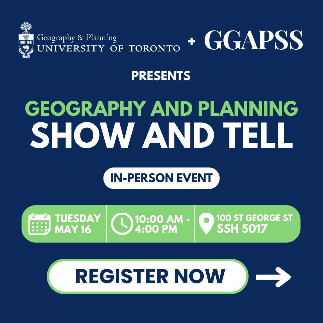 geo_uoft's tweet photo. We're inviting G&amp;P students and recent grads to present at our first annual Show &amp; Tell on Tuesday, May 16th from 10AM-4PM in SSH 5017. The day is an opportunity to present your current or future research and get to see work from others in our department! https://t.co/y3CJ7rvBI2 https://t.co/0MQP9ONMLU