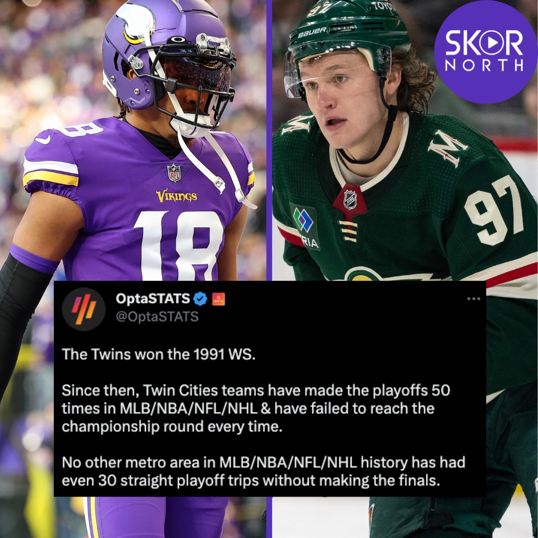 SKORNorth's tweet photo. WOOF: Minnesota sports teams (#Vikings, #MNTwins, #mnwild, and #Timberwolves) have made the playoffs 50 times with ZERO championship game appearances... 😳

No one else is even close to that number either 🤬 https://t.co/QpeASCTPnn