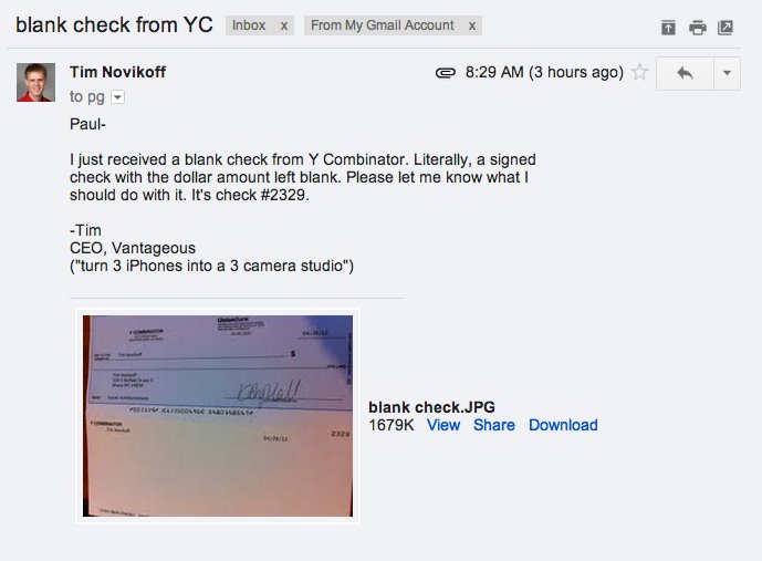 TimNovikoff's tweet photo. 11 years ago today, @ycombinator sent me a signed blank check. I wrote to @paulg about it.  I eventually sold the company to @Google. https://t.co/c9nxotH85B