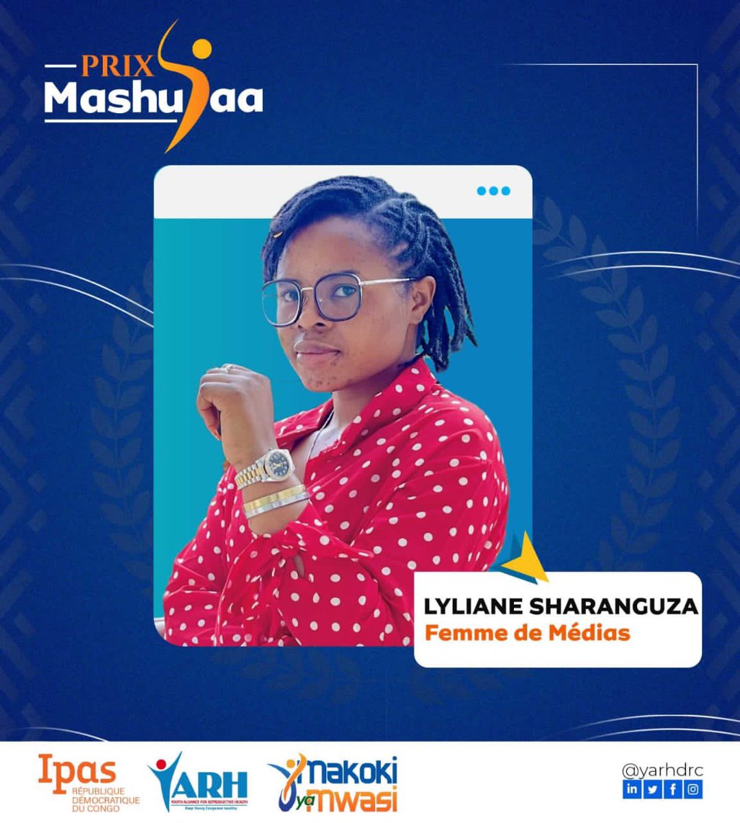 <a href="/LylianeSafi/">Safi sharanguza lyliane</a> est une journaliste et coach en sécurité numérique. Passionnée par la santé sexuelle et reproductive. Elle est nominée pour le prix Mashujaa dans la catégorie Homme et femmes de Médias 🎉

Rendez-vous le 05 mai à Linda Hôtel pour la soirée d’excellence🎉