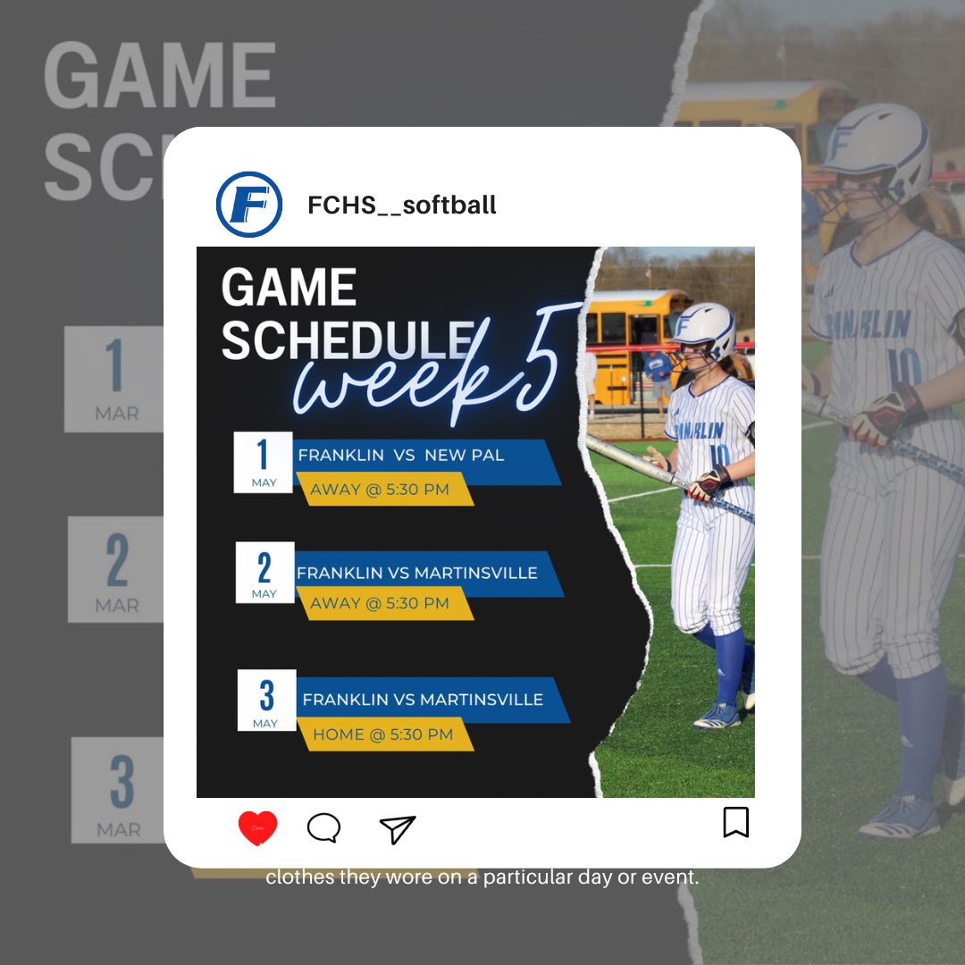 Come support <a href="/FCHS__softball/">FCHS softball</a> ! This weeks games are New Pal and Martinsville! Home game Wednesday at 5:30pm! <a href="/_CoachCraft_/">Coach Craft</a> <a href="/CoachWoo24/">Alaynie Woollard</a> <a href="/daccwsb/">Danville Area Community College Softball</a> @CoachFentonBG  <a href="/Coach_Zimny/">Z</a> <a href="/CoachDeOliveira/">☘️Irish Coach Boo!☘️</a> <a href="/RedbirdsSB/">Illinois State Softball</a> <a href="/BallStateSB/">Ball State Softball</a> @SIUcoachbennett