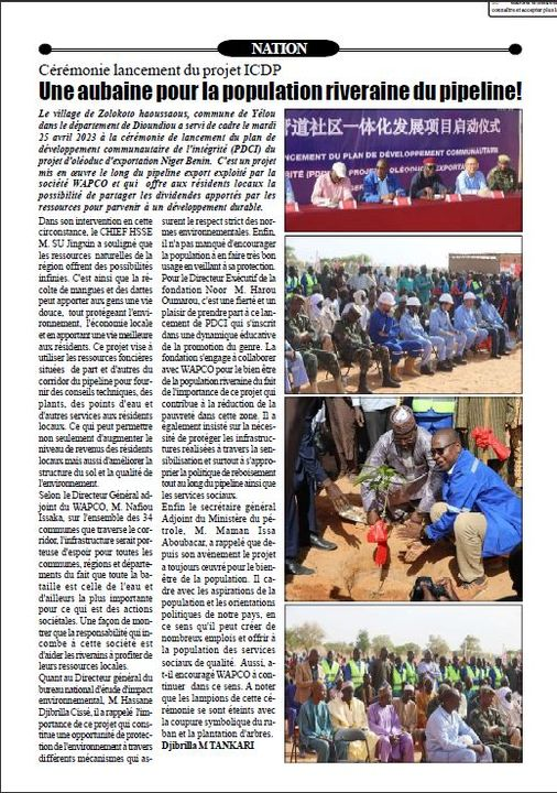 La Nation du Niger
Cérémonie lancement du projet ICDP
Une aubaine pour la population riveraine du pipeline!