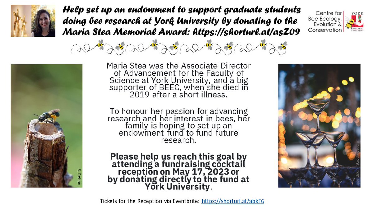 BeesYU (@beesyork) on Twitter photo Help us honour the legacy of a dear colleague, Maria Stea, who loved #bees #science #art, by supporting an award for grad students. Donate directly to the endowment fund (shorturl.at/asZ09) or attend a fundraising reception on May 17 (tickets shorturl.at/abkF6). Help us honour the legacy of a dear colleague, Maria Stea, who loved #bees #science #art, by supporting an award for grad students. Donate directly to the endowment fund (shorturl.at/asZ09) or attend a fundraising reception on May 17 (tickets shorturl.at/abkF6).