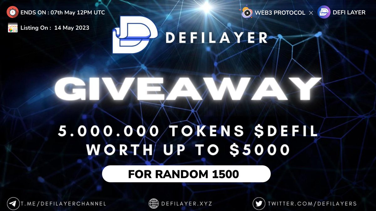 Web3 Protocol (@web3_protocol) on Twitter photo 🎉Web3 Protocol X Defil Huge Giveaway
🏆Prize Pool:- 5M $DEFIL ($5000 USDT)
To Enter:-
✔️Follow <a href="/Web3_Protocol/">Web3 Protocol</a> & @DefiLayers
✔️Like and RT 3 friends
✔️Fill form :- tinyurl.com/5ev8sjew
#Airdrop #Giveaway #Giveaways #Defi_layers 🎉Web3 Protocol X Defil Huge Giveaway
🏆Prize Pool:- 5M $DEFIL ($5000 USDT)
To Enter:-
✔️Follow <a href="/Web3_Protocol/">Web3 Protocol</a> & @DefiLayers
✔️Like and RT 3 friends
✔️Fill form :- tinyurl.com/5ev8sjew
#Airdrop #Giveaway #Giveaways #Defi_layers