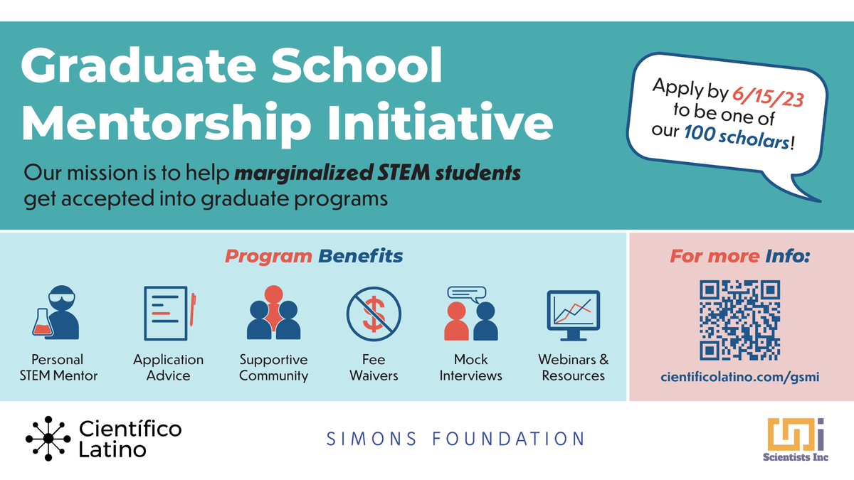 Applying to STEM grad programs? Know someone who is? 🎓 Sign ups are ✨OPEN✨ for #GSMI2023!🤩 The GSMI program supports applicants from minoritized backgrounds through 1-on-1 mentorship, fee waivers, & more! Applications due 6/15 cientificolatino.com/gsmi MORE INFO in 🧵 1/