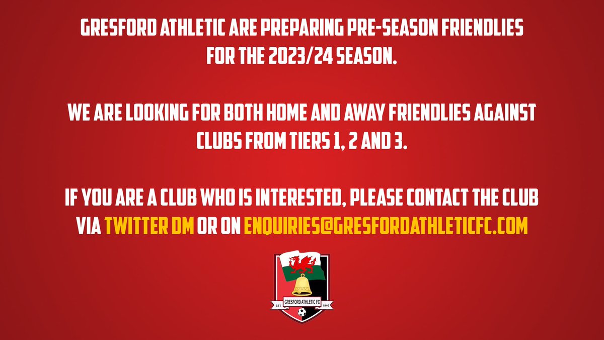 GresfordFC's tweet photo. ⚽️ | @GresfordFC are preparing pre-season friendlies for the 2023/24 season.

We are looking for both home and away friendlies against clubs from Tiers 1, 2 and 3.

If you are a club who is interested, please contact the club via Twitter DM or on enquiries@gresfordathleticfc.com. https://t.co/5W7grKTCdB