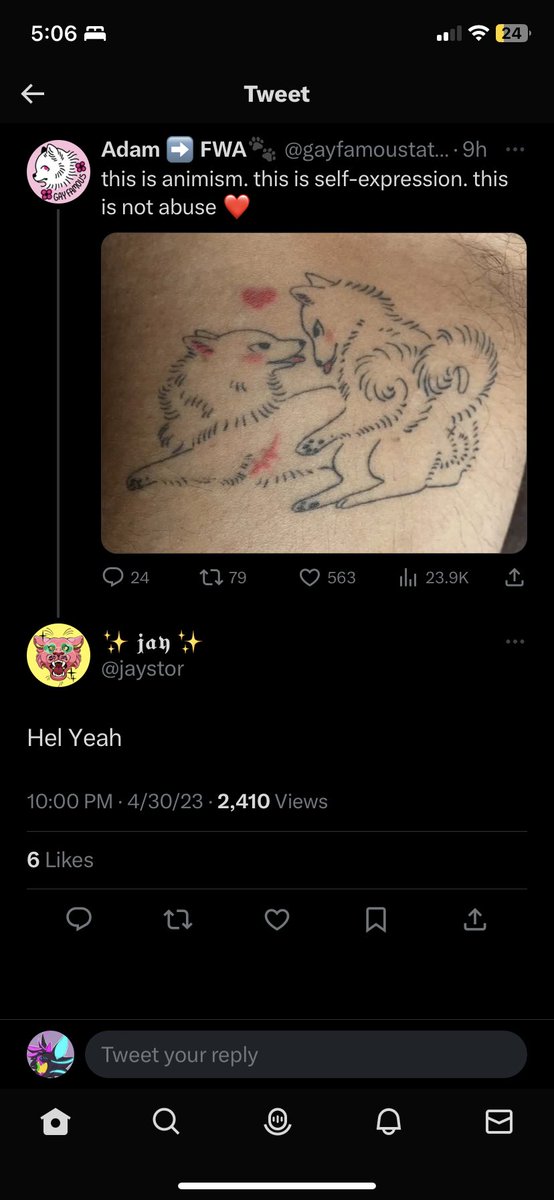 M3mphissix's tweet photo. Tis your favourite rope bunny tattoo artist? Liking LITERAL feral porn? Stop protecting them and the tattoos they create. It’s nasty. At this point, they’re a zoophile/zetaphile https://t.co/j39w0nJW3P