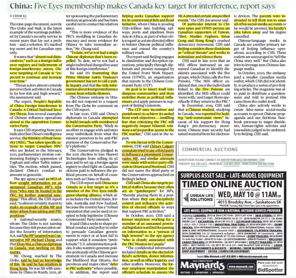 Holy cow...

CSIS report says China's security agency targeted Michael Chong's overseas relatives — to "make an example" of him. "Zhao Wei, a Chinese diplomat in Canada, was working on this matter."

This is chilling, and absolutely unacceptable. 
pressreader.com/article/281483…