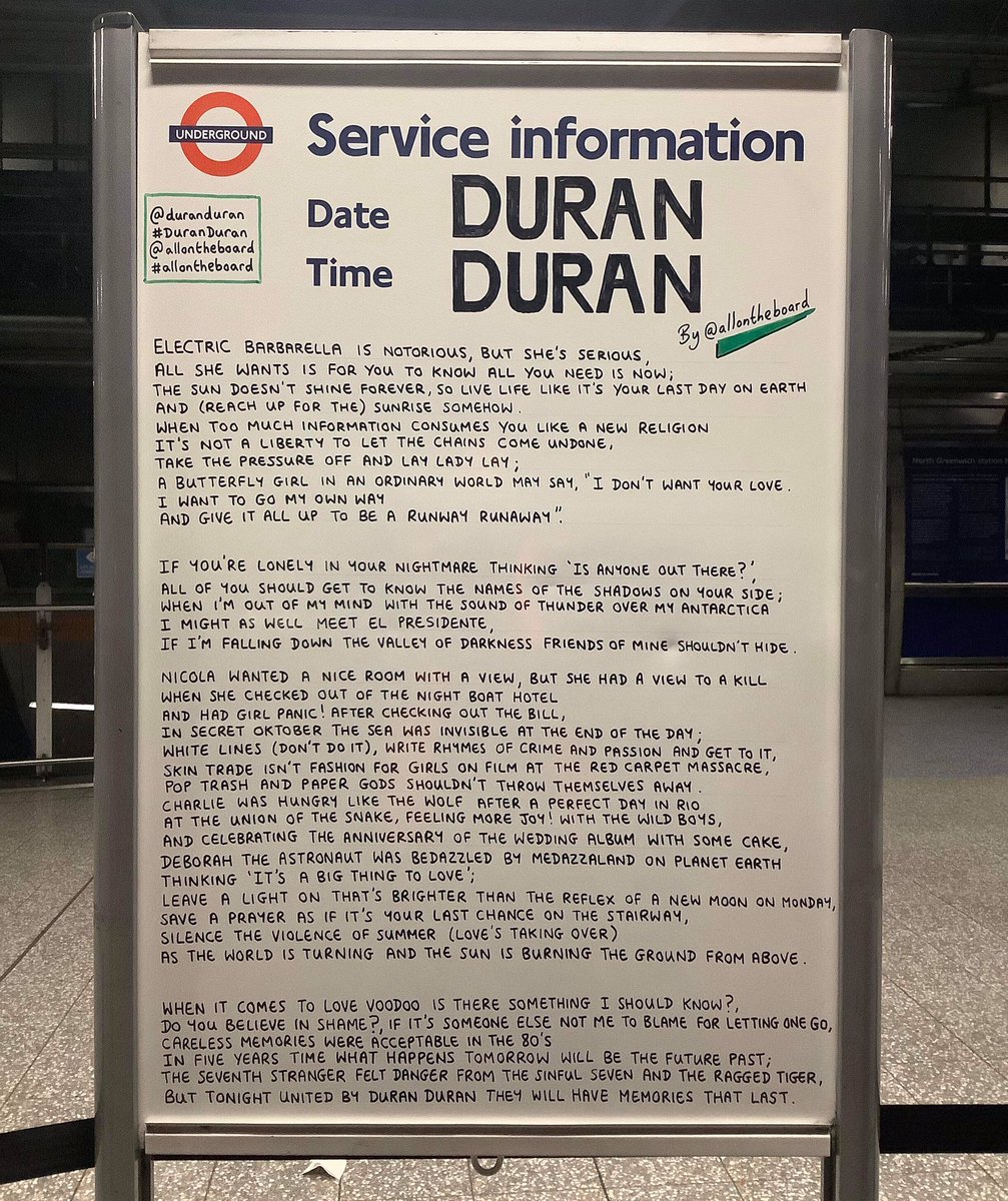 The legendary @duranduran are performing at @TheO2 for two amazing nights. The poem by @allontheboard is at North Greenwich. 

#DuranDuran #duranlive #ddfuturepasttour