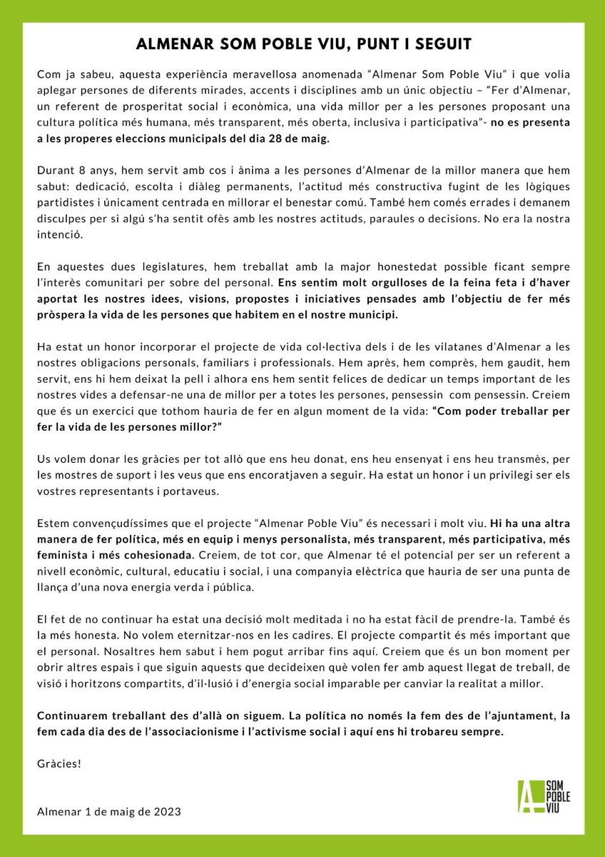 Almenar Som Poble Viu, punt i seguit.
#SomPobleViu
#Almenar
#Gràcies