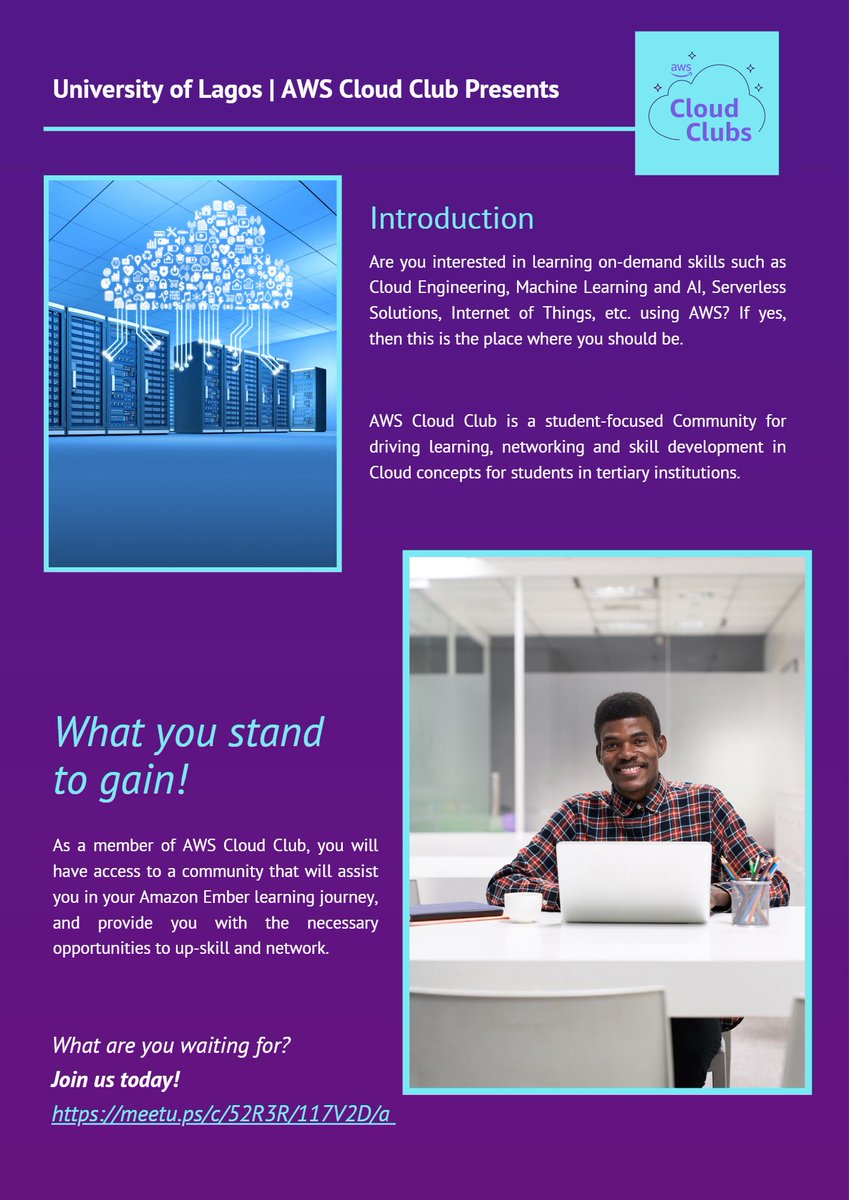 AWS_CC_UNILAG's tweet photo. Are you a student of the University of Lagos interested in learning on-demand skills such as Cloud Engineering, Machine Learning, Artificial Intelligence, Serverless Solutions, Internet of Things, etc., using Amazon Web Services? If yes, then this is the place you should be. https://t.co/ACQhvvJK6B