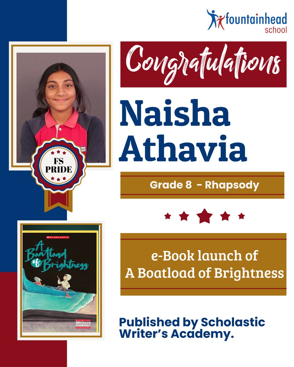 FSSurat's tweet photo. Congratulations! Naisha Athavia for becoming a published author from Scholastic Writers Academy. We wish you all the luck for your e-book "A Boatload of Brightness". #FSPride #FSWay #FSLife #FSStudent #FSHappenings https://t.co/4NCRwkOQym