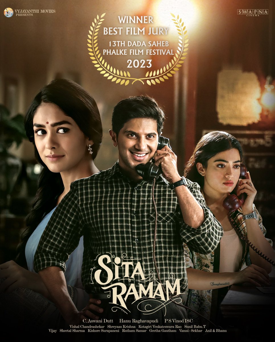 We're grateful to the Jury of 13th Dada Saheb Phalke Film Festival for acknowledging our #SitaRamam as the Best Film - Jury of the year 2023.

Humbled by this recognition ❤️🙏

<a href="/dulQuer/">Dulquer Salmaan</a> <a href="/mrunal0801/">Mrunal Thakur</a> <a href="/iamRashmika/">Rashmika Mandanna</a> <a href="/iSumanth/">Sumanth</a> <a href="/hanurpudi/">Hanu Raghavapudi</a> <a href="/Composer_Vishal/">Vishal Chandrashekhar</a> <a href="/VyjayanthiFilms/">Vyjayanthi Movies</a> <a href="/SwapnaCinema/">Swapna Cinema</a>