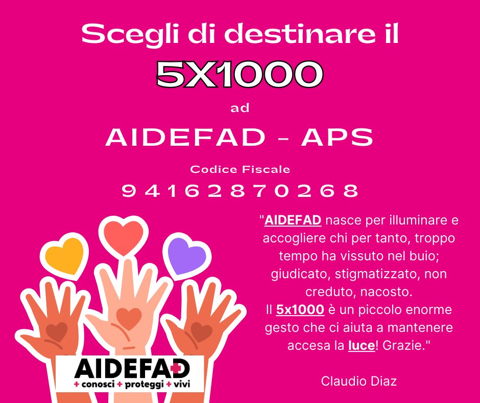 aidefad_ets's tweet photo. Grazie a quanti ogni anno scelgono di destinare ad #AIDEFAD -APS/ETS il proprio #5x1000!!! ❤
#FASD #sindromefetoalcolica https://t.co/6bim9gBDz4