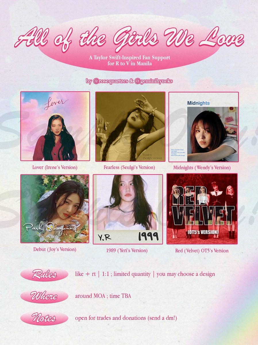 ♡ 𝒶𝓁𝓁 𝑜𝒻 𝓉𝒽𝑒 𝑔𝒾𝓇𝓁𝓈 𝓌𝑒 𝓁𝑜𝓋𝑒 ♡

𝗥𝗘𝗗 𝗩𝗘𝗟𝗩𝗘𝗧 fan support 
by geminihyucks &amp; rosequartzes

⟢ mbf, like &amp; rt 
⟢ strictly 1:1; limited qty. 
⟢ open for donations &amp; trades (pls send a dm)

#RtoVinMANILA #REDVELVETinMNL2023 #IRENE #SEULGI #WENDY #JOY #YERI