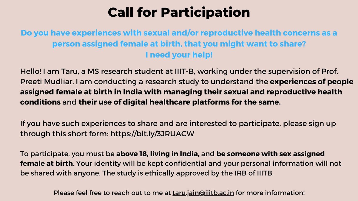 _taruj_'s tweet photo. 📢Call for Participation

Please help me out in my study on "Digital Healthcare for Sexual-Reproductive Health in India" by filling in this form: https://t.co/s0KqqagmE5

With this study, we aim to uncover specific design needs of people for managing chronic concerns like PCOS. https://t.co/8GCDwxDO7H