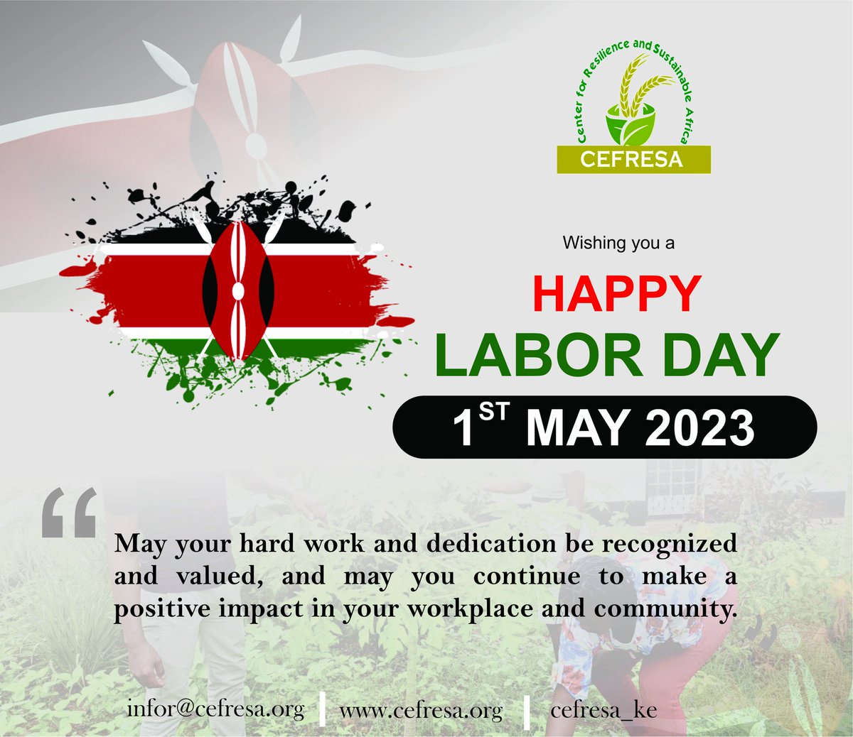 cefresa_ke's tweet photo. Happy Labor day to all Kenyan workers. Today we appreciate and acknowledge your hard work and efforts which contribute to the growth and sustainability of our communities.
May your hard work and dedication be recognised and valued.

#labourday2023 #LeadToSaveNature #LabourDay https://t.co/v3lXaBy1yM