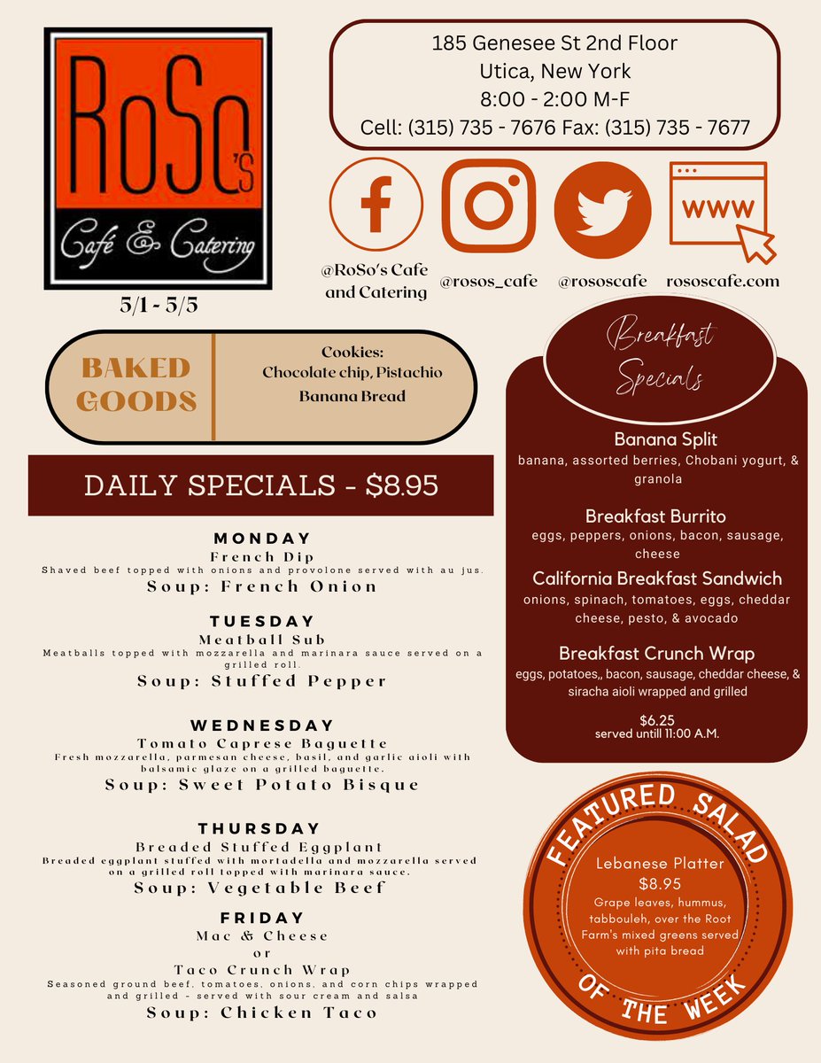 rososcafe's tweet photo. Stop in and enjoy one of our delicious specials this week! Our protein shakes are back and our healthy banana split!
#rososcafe #breakfast #lunch #cathering #soups #salads #sandwiches #itsauticathing #downtownutica #lunch #breakfast https://t.co/lcVZfk13Vv