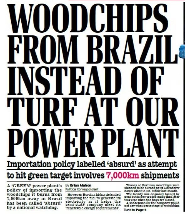 EamonMelia's tweet photo. They shut down the peat industry in Ireland in the name of climate change and then replace the peat by cutting down the Brazilian rain forest for woodchip, Now that’s Eamon Ryan for ye. https://t.co/7oiSXE7Psq