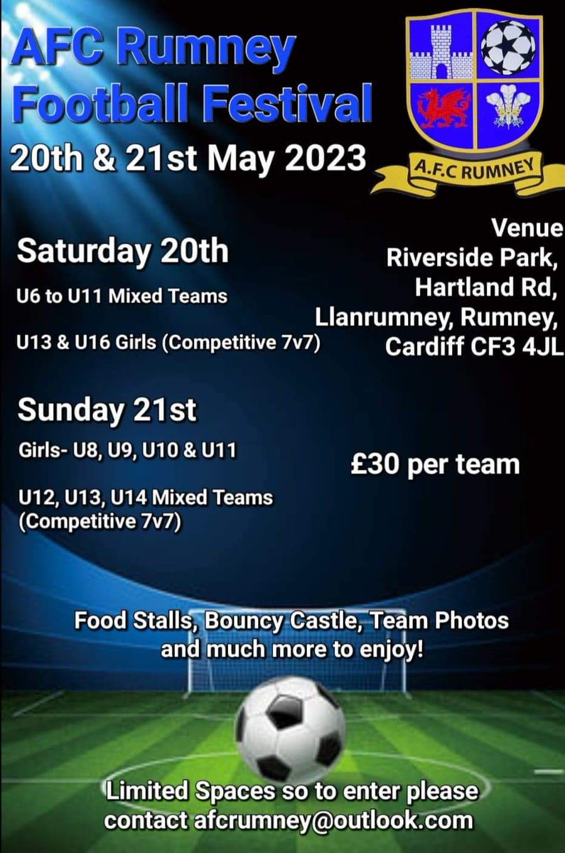 📣📣📣📣 Calling all U8 girls teams- we have the last few spaces remaining at our tournament. 

Its going to be a great day! We have loads on- so much we can't list it all. 

If you want to enter please let us know

🔵⚪️🔵⚪️🔵⚪️🔵⚪️🔵⚪️🔵⚪️🔵