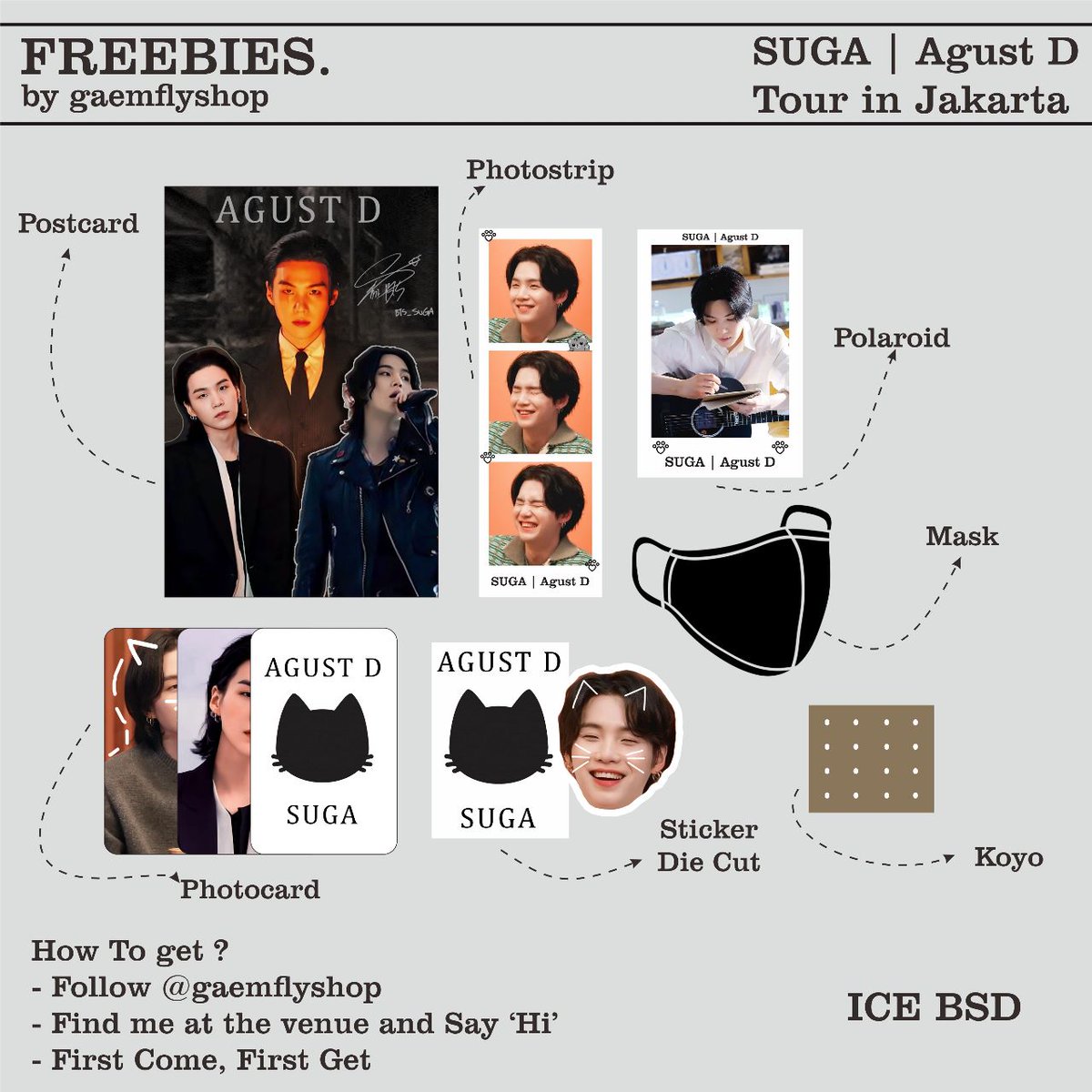 💜 FREEBIES SUGA  AGUSTD TOUR IN JAKARTA 💜
By @gaemflyshop

📍 ICE BSD
📅 28 mei 2023

Details in below👇

SEE YOU SOON ON ICE BSD, ARMY!
#SUGA_AgustD_TOUR #SUGA_AgustD_TOUR_in_Jakarta