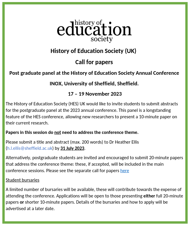 Hey postgrads! Don't forget to send in your abstracts for our postgrad panel!

#histed #twitterstorians #education #cfp 

historyofeducation.org.uk/call-for-paper…