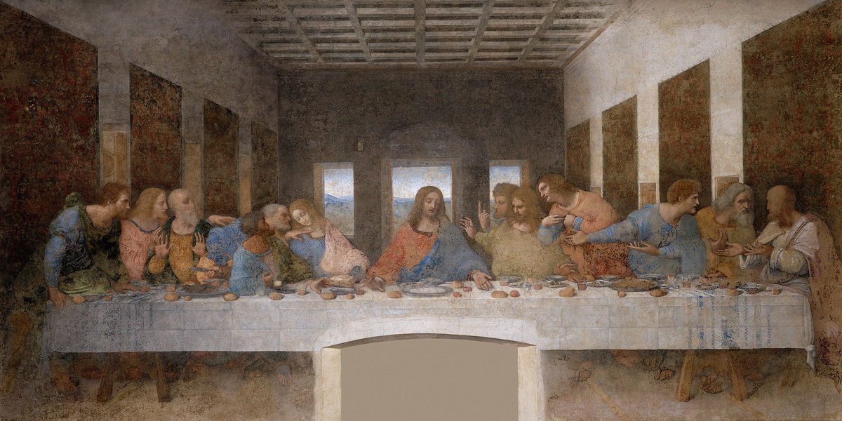AliciaMimundo's tweet photo. 5. Será en esta época milanesa cuando Leonardo cree “La última cena”. Pintura al fresco, realizada entre 1494-1498 para el convento dominico de Santa Maria delle Grazie. Aunque desde muy pronto la obra dio problemas técnicos, los artistas acudían desde muy lejos al refectorio del convento a admirarla. Qué decir de ella que no se haya dicho ya. Mide 460 cm de alto por 880 de ancho y está considerada por muchos expertos e historiadores del arte como una de las mejores obras pictóricas de todos los tiempos. El rey de Francia, al entrar en Milán quiso, que no hizo, llevarse el fresco de la pared a su país.
El tema de La Ultima Cena será tratado en otro hilo. 
⤵️