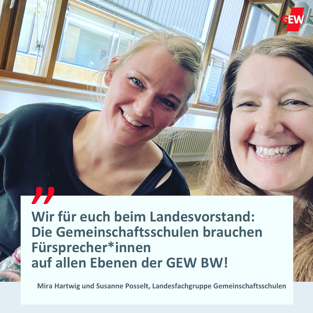 Für die Fachgruppe #Gemeinschaftsschule beim Landesvorstand der GEW #EduBW im April: Mira und Susanne 🥳 

Im Gespräch mit den Vertreter*innen anderer Fach- und Personengruppen machen wir auf unsere Belange aufmerksam und lernen voneinander. 😃💡

@FrauMiHa 
<a href="/susanneposselt/">Susanne Posselt • #EduBW</a>