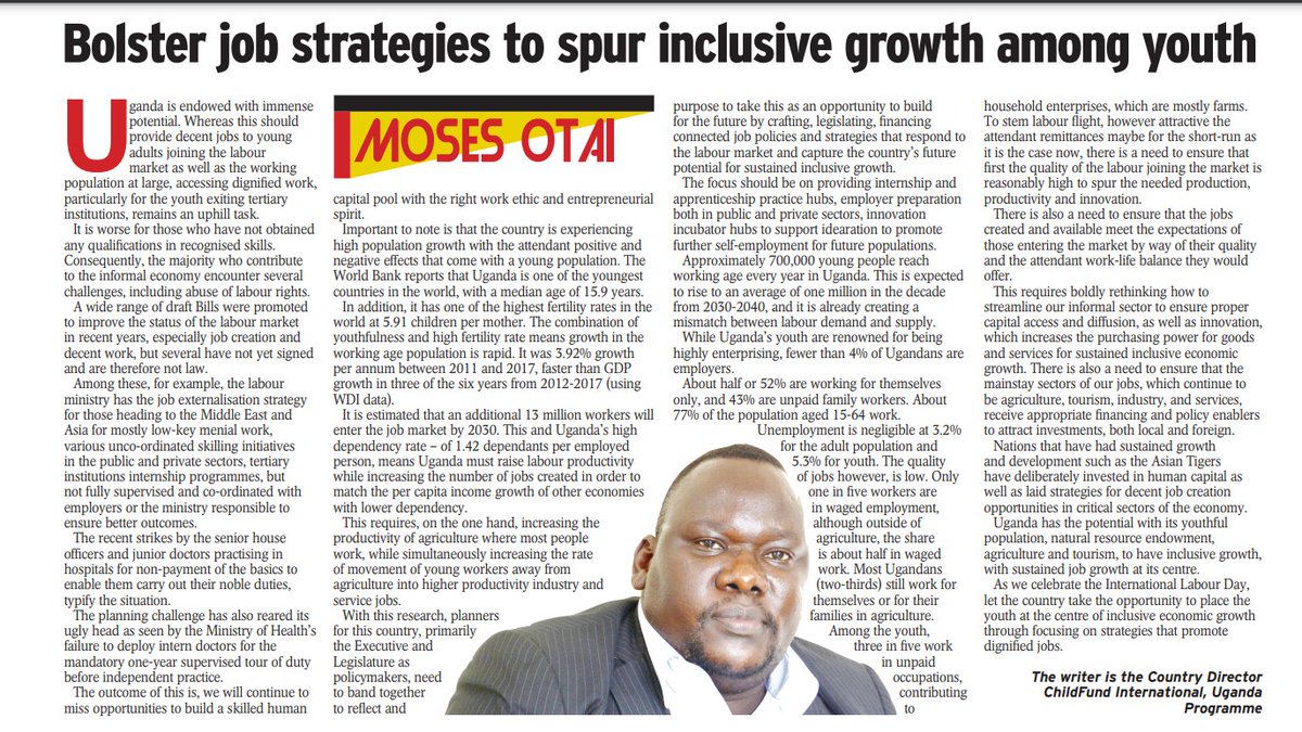 ChildFundUganda's tweet photo. It's becoming more clear that deliberate efforts need to be made to place youth at the center of inclusive economic growth. Our Country Director @MosesOtai1  pens a few thoughts on how to achieve this in today's @newvisionwire #InternationalLabourDay  @ChildFundAfrica @ChildFund https://t.co/MuADzomBE8