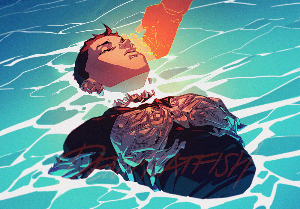 partially submerged water 1boy short hair male focus black hair afloat  illustration images